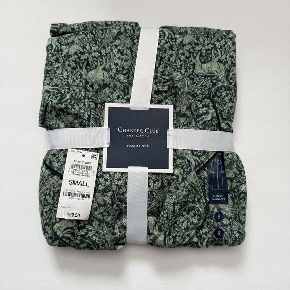NWT Charter Club Gift Pack Flannel 2 Piece Pajama Set Green Forest Animal Garden - Picture 2 of 3